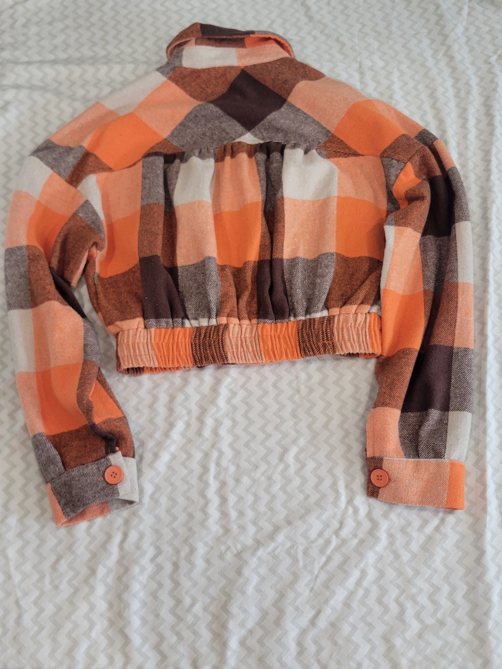 Timing Cropped Plaid Jean Shacket in Orange, Brown & Cream - Picture 11 of 14